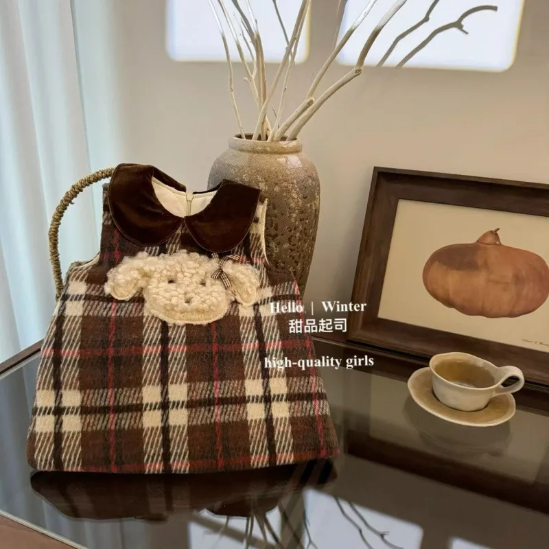 Girls Cartoon Plaid Dress Children 2024 New Autumn Winter Fashion Simple Casual Korean Style Skirt Clothes