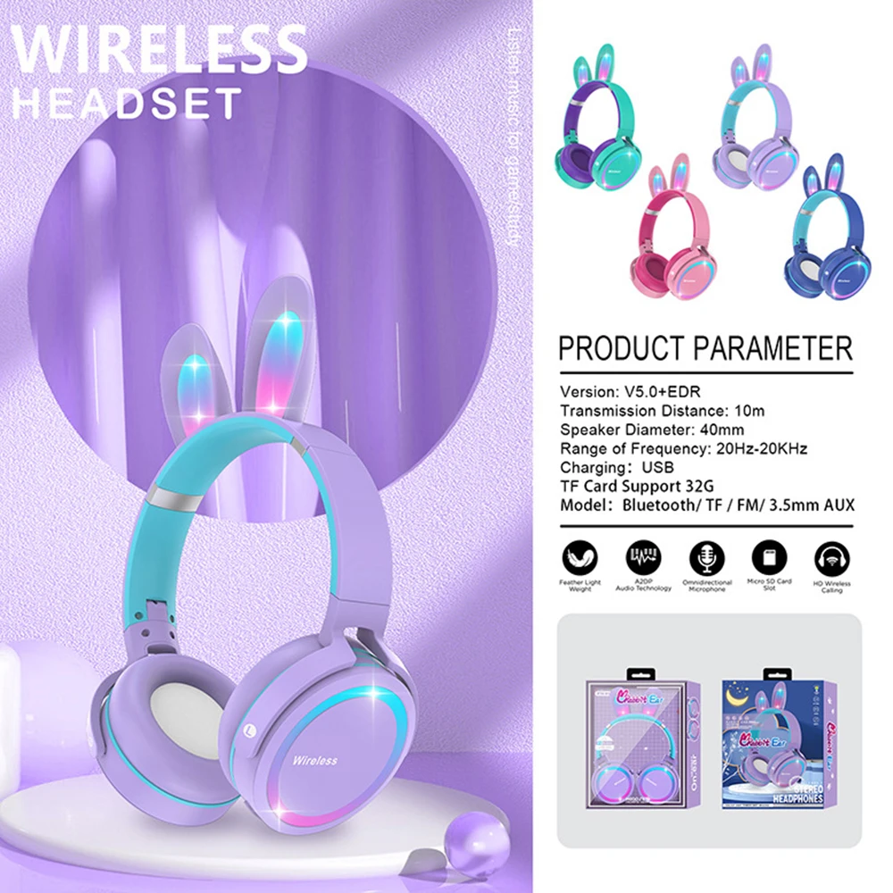 2022 New Wireless Earphones RGB Rabbit Ears Headset with Mic Cute Girls Music Bluetooth Headphones For Children's Gamer Headset images - 6