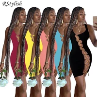 rstylish dresses for women 2022 solid sleeveless chain lace up hollow out bodycon strechy sexy night club party summer dress