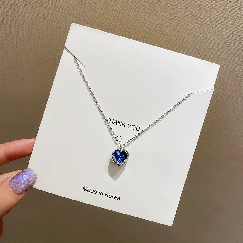 

Fashion Titanium Steel Chain Blue Zircon Heart Pendant Necklace Choker Chain Short Necklace for Women Wedding Jewelry Gifts