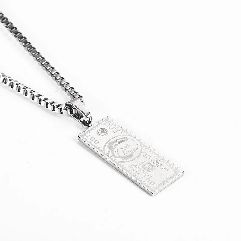 

Rectangular Metal Carved Currency Pattern Pendant Necklace For Men And Women Simple Hip-Hop Young People Pendant Chain Jewelry
