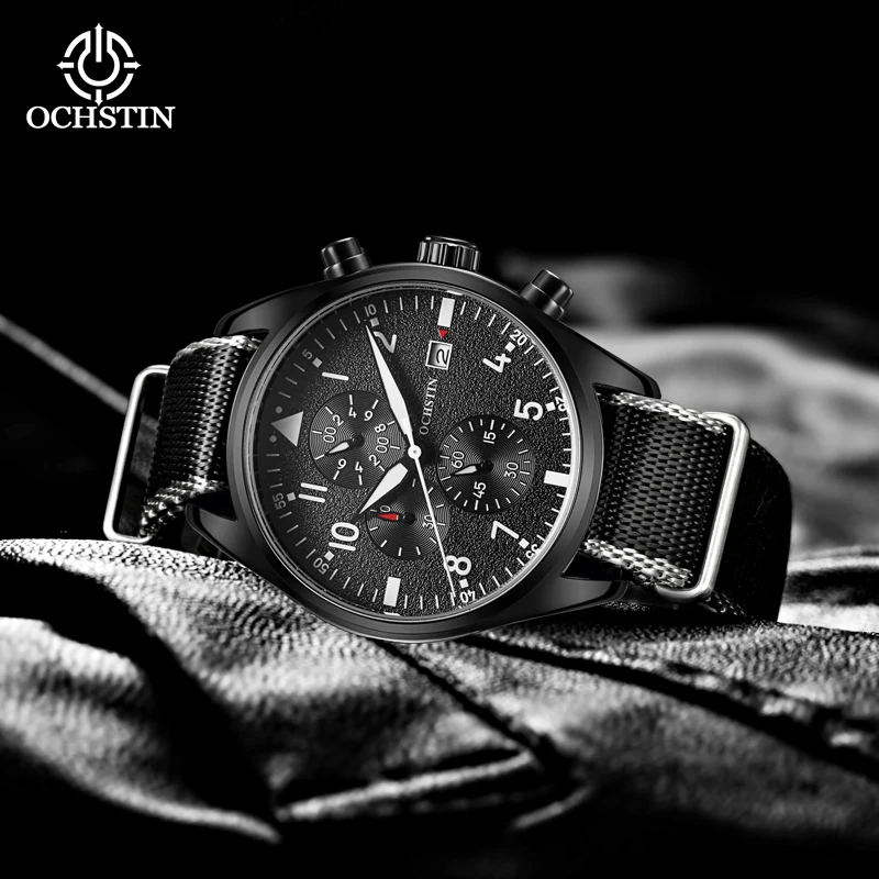 Фото OCHSTIN Pilot Series, оригинальные многофункциональные наручные часы с кварцевым механизмом, высококачественный нейлоновый ремешок, мужские водонепроницаемые классические часы №4
