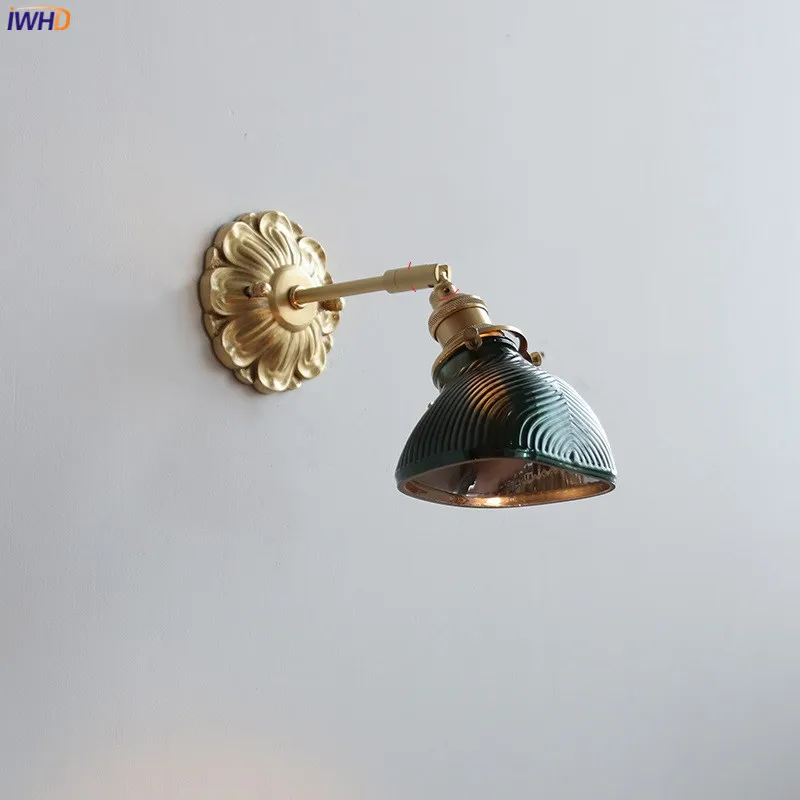 Настенный светодиодный светильник IWHD, зеленая стеклянная лампа с медным основанием, лампа для спальни, гостиной, в скандинавском стиле, зеркальный светильник для ванной комнаты