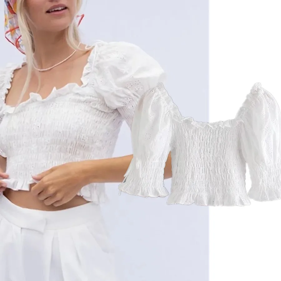 

Dave&Di Summer Casual Blouse Women France Style Indie Folk Retro Sexy Square Collar Lace Shirt High Street Beach Short Tops