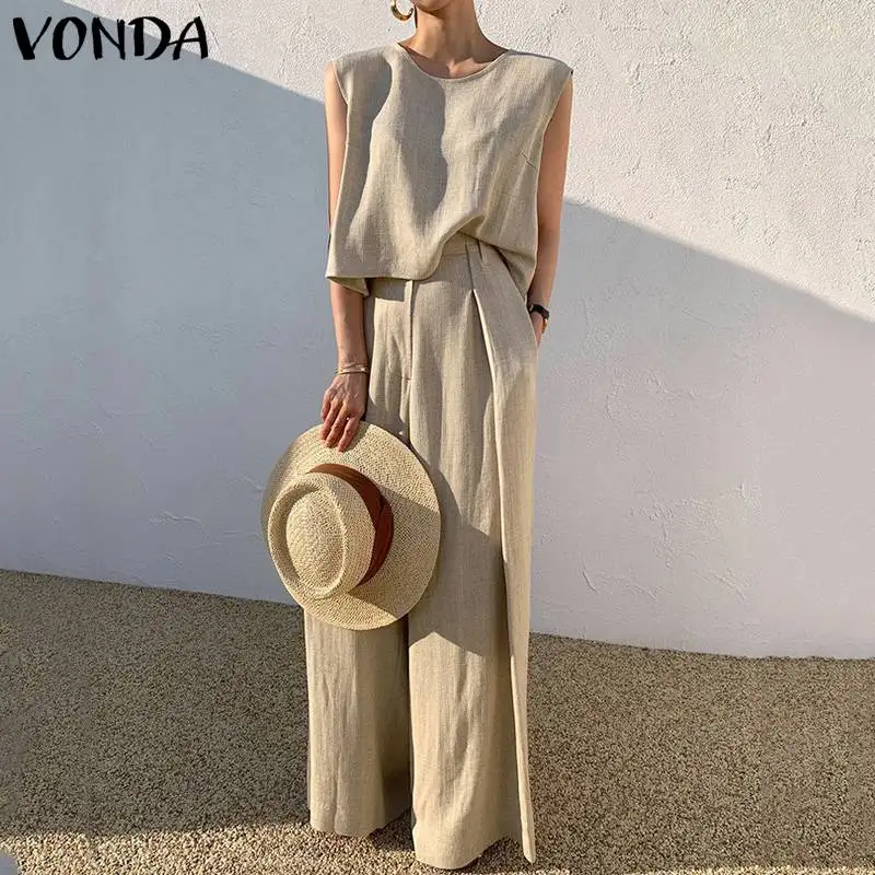 

VONDA Summer Sleeveless Solid 2PCS De Mujer Crew Neck Tank Tops And Wide Leg Long Trousers Suits Fashion Women Palazzo Pant Sets