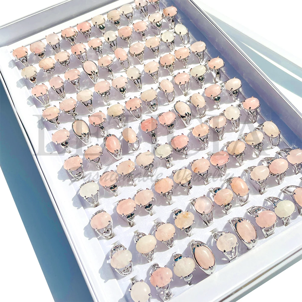 20/50Pcs Fashion Vintage Natural Stone Pink Crystal Ring Gem Rings Jewelry Party Gifts Accessories Kit