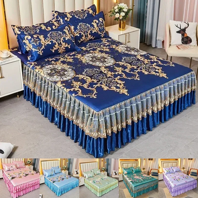 

Комплект постельного белья из 3 предметов, Классическая кружевная Королевская Синяя простыня с юбкой, машинная стирка, свадебное покрывало, наматрасник