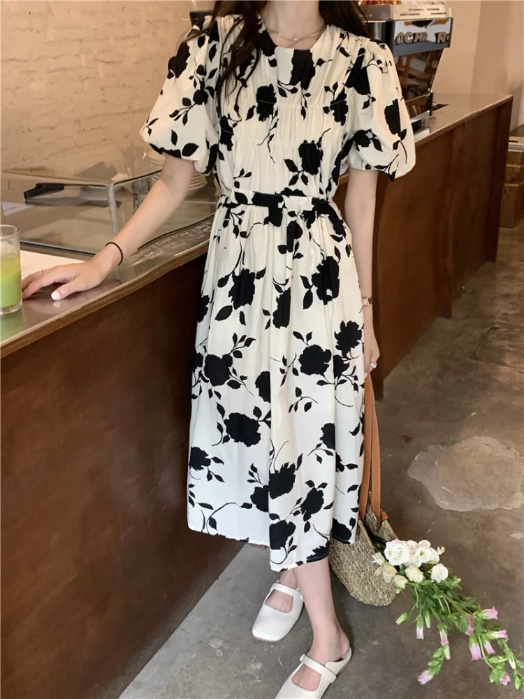 

Gentle Woman Summer Printing Chiffon Dress Niche Design Drawstring Lantern Sleeve Midi Dress Harajuku Retro Style Fairy Dress