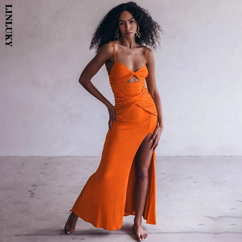 

2022 Summer New Dress Women Fashion Suspenders Sexy Low-cut Slim Slit Bag Hip Club Party Festival Midi Dresses Woman Clothing