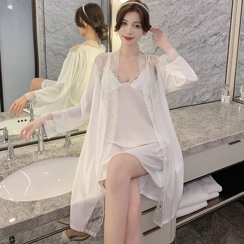 

Satin Vintage Perspective Nightgown Sexy Lace Sleepshirts Summer Robe Sets 2PCS Intimate Lingerie Cardigan Kimono Gown Homewear