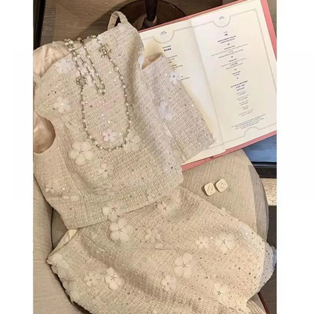 Женский твидовый костюм с блестками трикотажный трехмерный костюм-двойка и