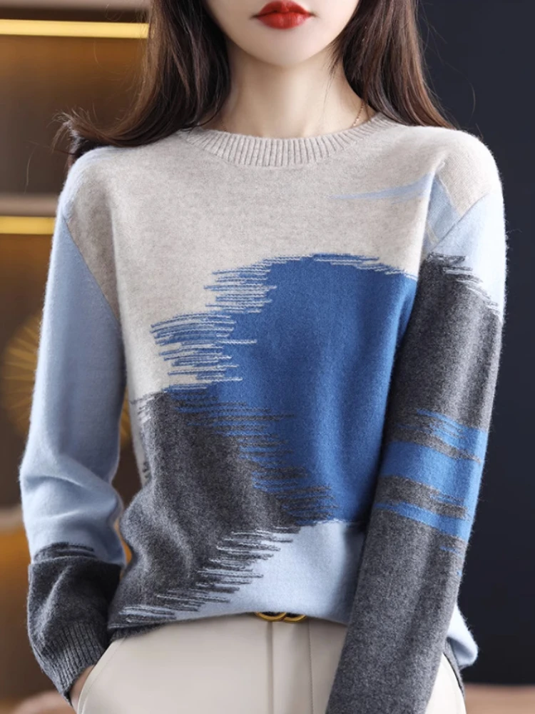 

Модная женская блузка, Новинка осени 2023, пуловер с круглым вырезом, многоцветный Модный Универсальный женский свитер, простые свитера с длинным рукавом