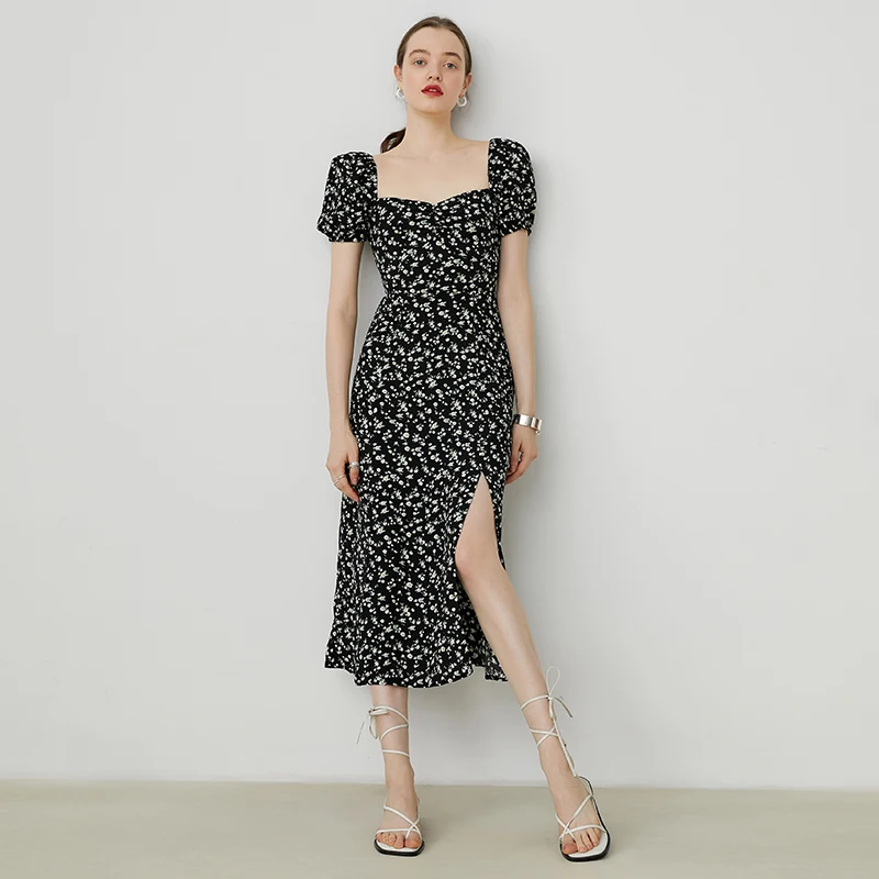 

Fan Luo 2022 Summer New French Square Collar Floral Dress Women's Black Waist Hugging Split Puff Sleeve Long Dress