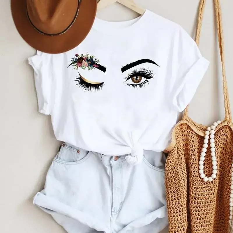 

Women Make Up Letter Funny New Eye Eyelash Fashion Cartoon Summer Lady Print Tee Stylish T Top Tshirts Clothes T-Shirt