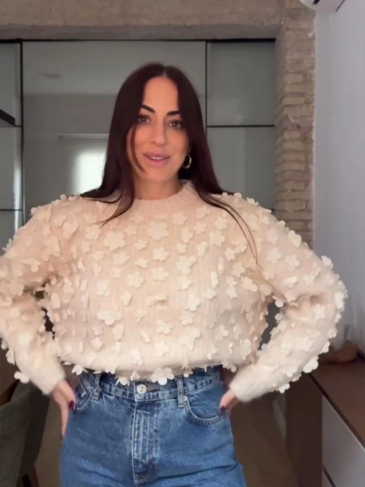 Вязаный женский свитер с цветочной сеткой повседневный свободный пуловер