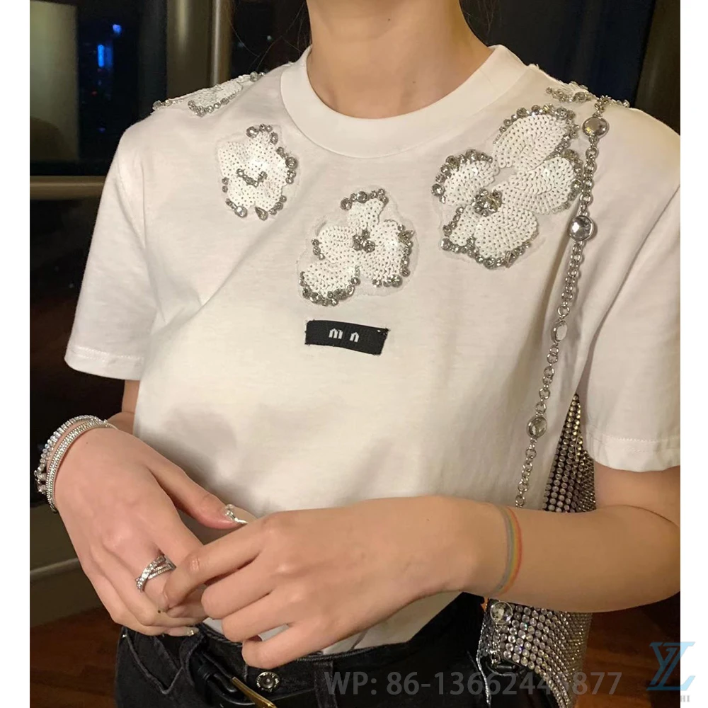 

2023 Spring/Summer New Sequin Shoulder Studded Flower Blossom Knitted T-Shirt Women's Trendy Girl