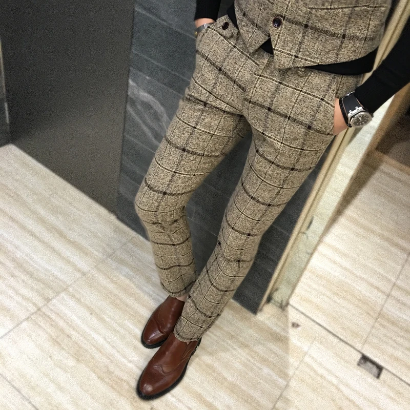 Fashion Men's Plaid Suit Pants 2022 Autumn Winter High Quality Business Formal Dress Pants Men's Slim Fit Straight Casual Pants