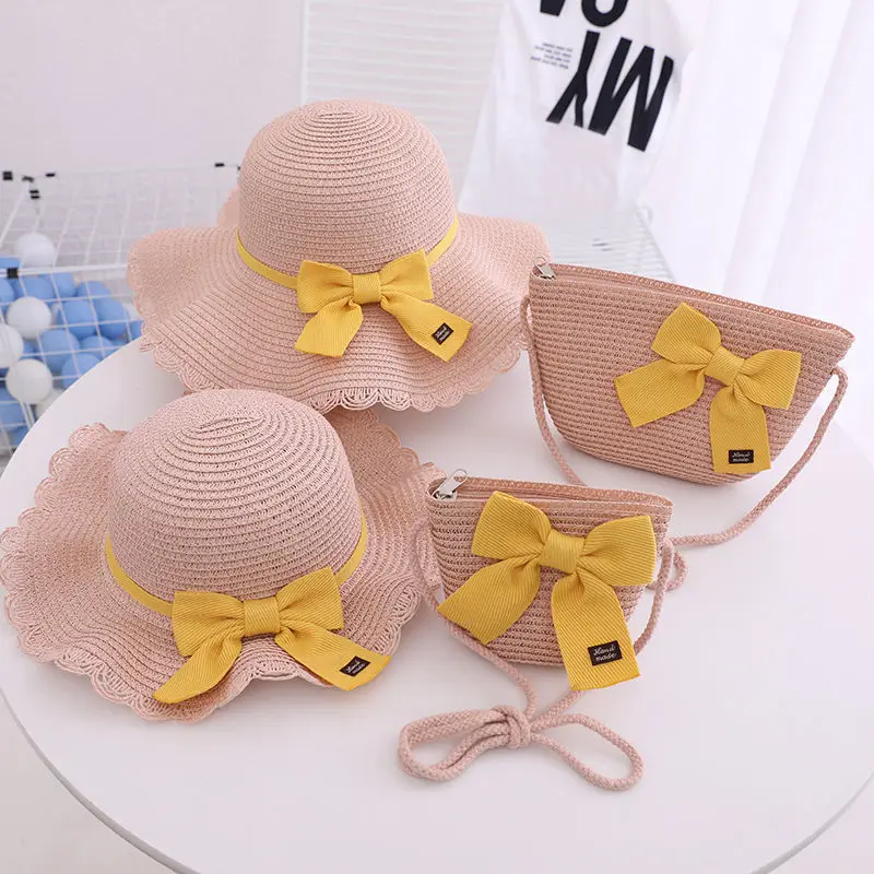 

Children's hat summer girls hat sunshade big brim seaside beach hat parent-child sunscreen straw woven bow sun hat