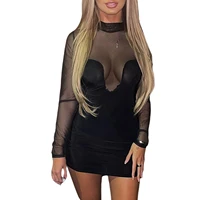 womens sexy long sleeve mesh patchwork dress solid color mock neck see through skinny fit dress elegant party dress