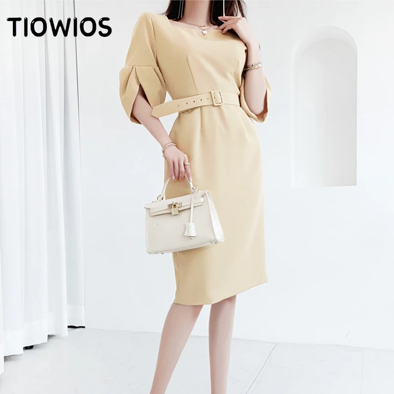 

Платье женское летнее Облегающее с поясом и рукавами-лепестками