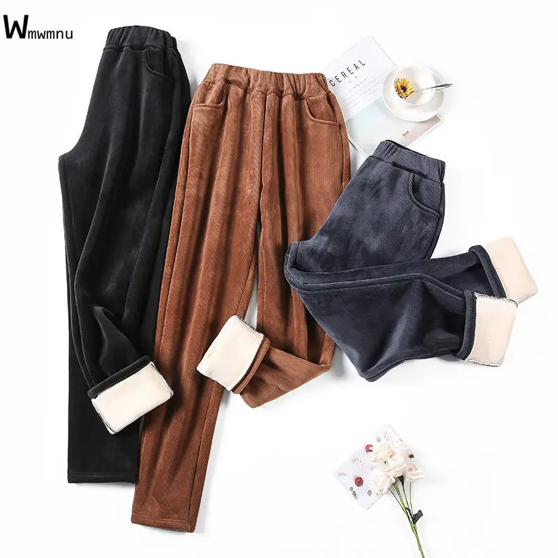 

Winter Plus Size Warm Cashmere Trousers Vintage Slim Waist Add Velvet Lady Pants Casual Thickening Corduroy Straight Pants Women