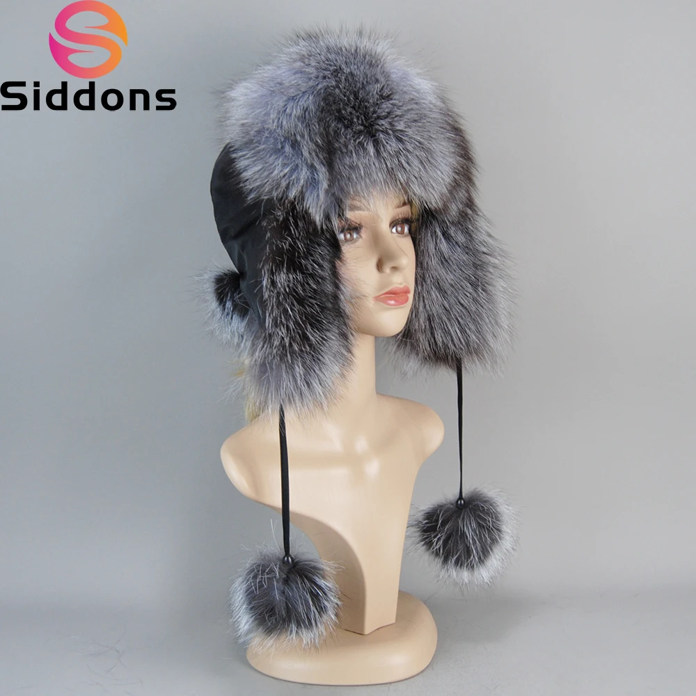 Winter Warm Ladies 100% Real Raccoon Fur Hat Russian Real Fox Fur Bomber Hats With Ear Flaps For Women Genuine Real Fox Fur Caps