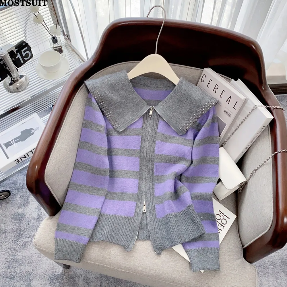 

Stylish Beaded Striped Cardigan Sweater Women Zippers Sailor Collar Long Sleeve Tops Fashion Chic Korean Ladies Jumpers Knitwear