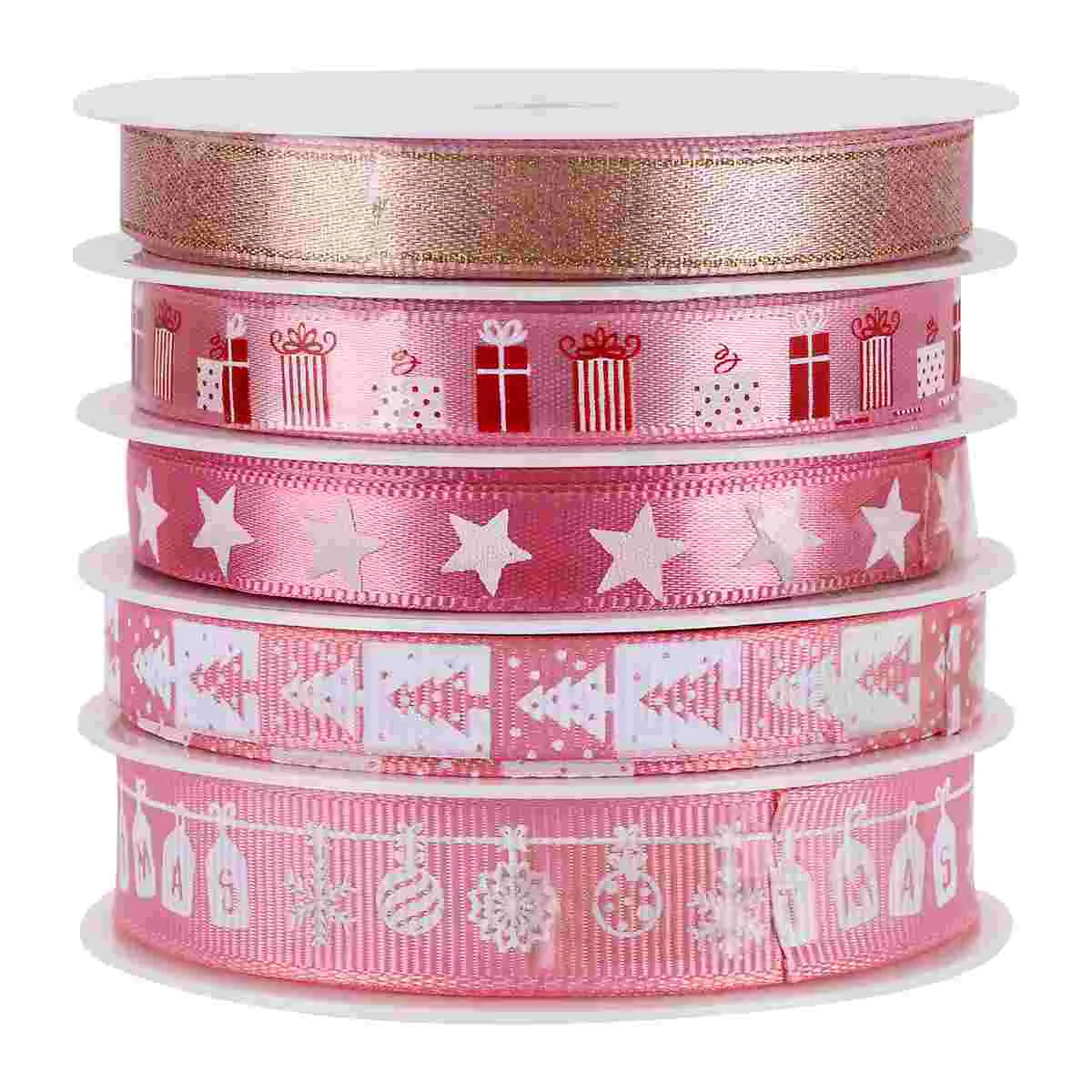 

5 Rolls of 25m Length Christmas Printed Ribbon Decorative Band Ribbon for Wrapping DIY Crafts)