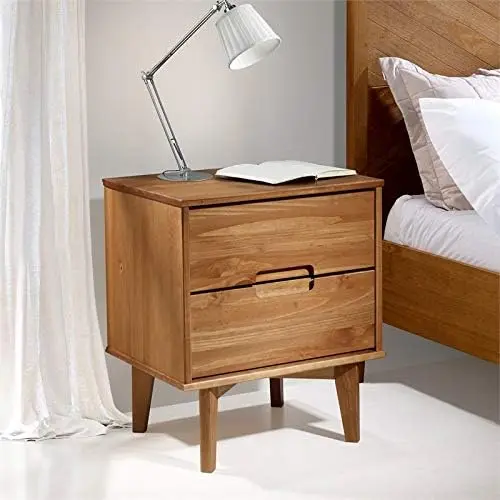 

Century Modern Grooved Handle Wood Nightstand Side Table Bedroom Storage Drawer and Shelf Bedside End Table, 2 Drawer, Walnut Si