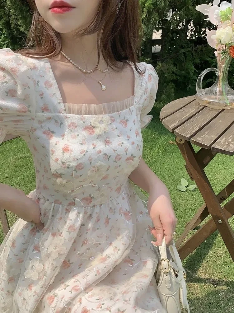 Hikigawa повседневное кружевное лоскутное женское платье с квадратным воротником