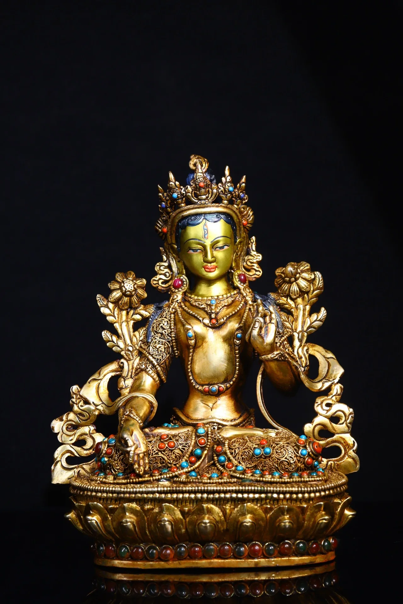 

9"Tibetan Temple Collection Old Bronze Outline in gold Mosaic Gem Dzi Beads Seven-eyed White Tara buddha Worship Hall Town house