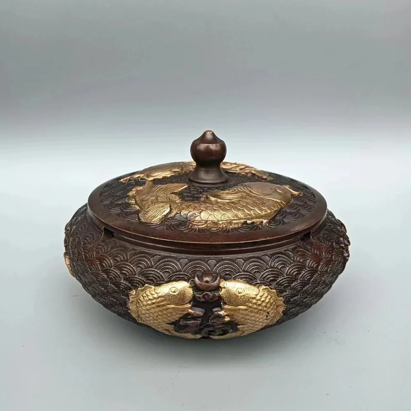 Латунная позолота Рыбы Пепельница Украшение Кои Ретро Qianlong Год Домашние