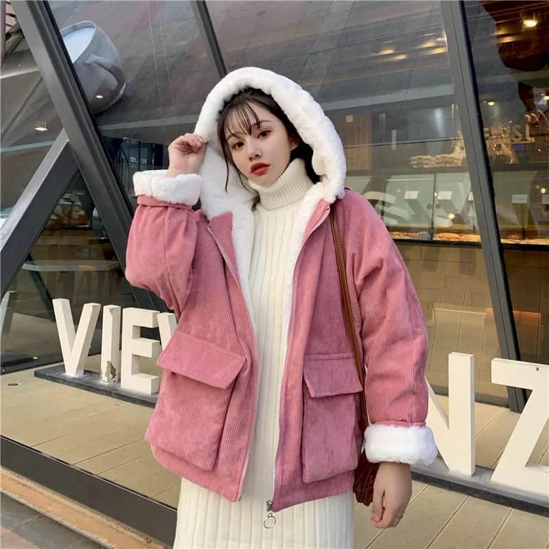 2021 New Cotton Plus Velvet Loose Hooded Corduroy Long-sleeve Coats Thicken Jackets Female Student Autumn Winter Korean Overcoat
