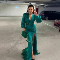 arabic dubai satin prom dress feather long sleeves saudi women party night evening gowns side crystals customised vestidos