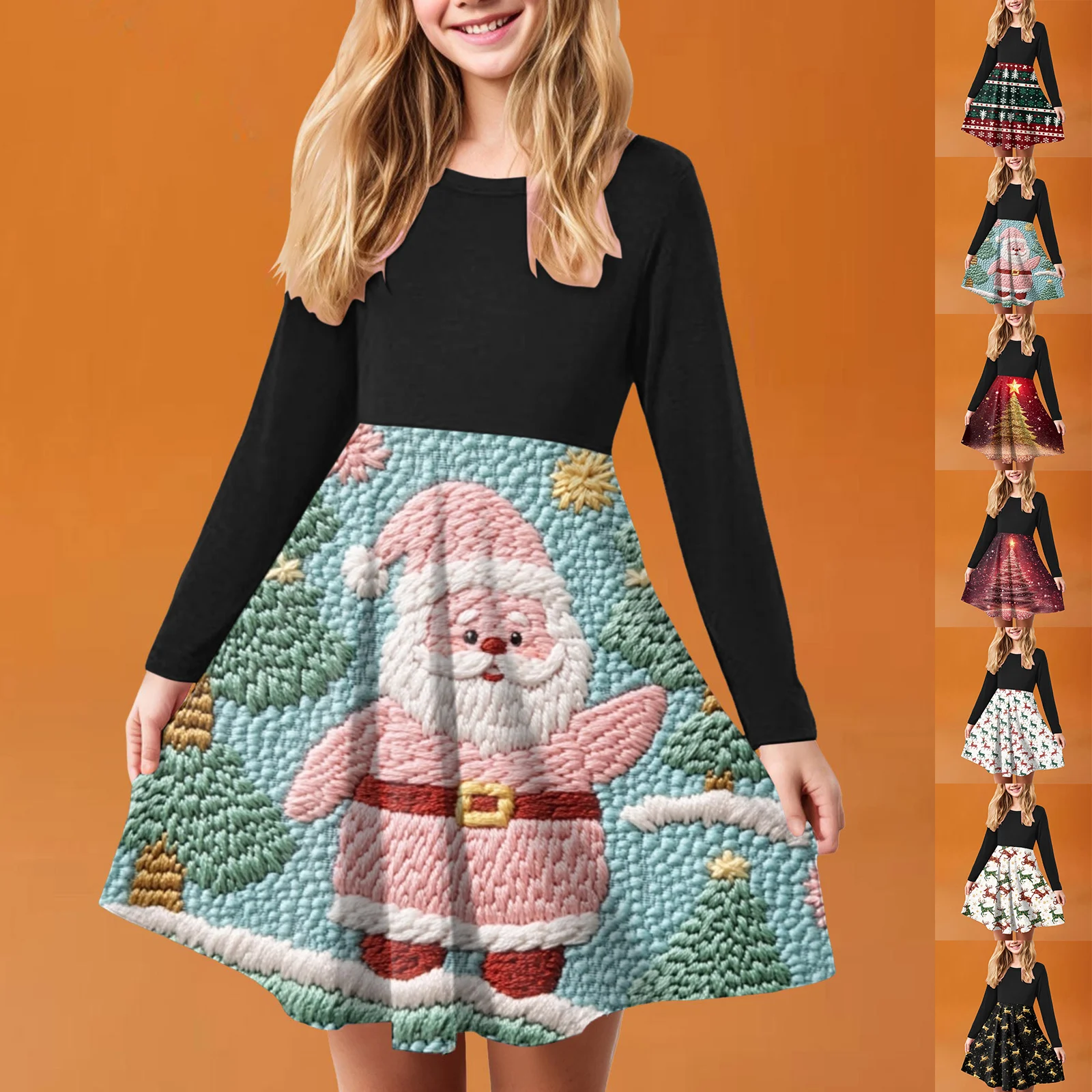 Осенние рождественские платья с принтом Санта-Клауса для детей девочек