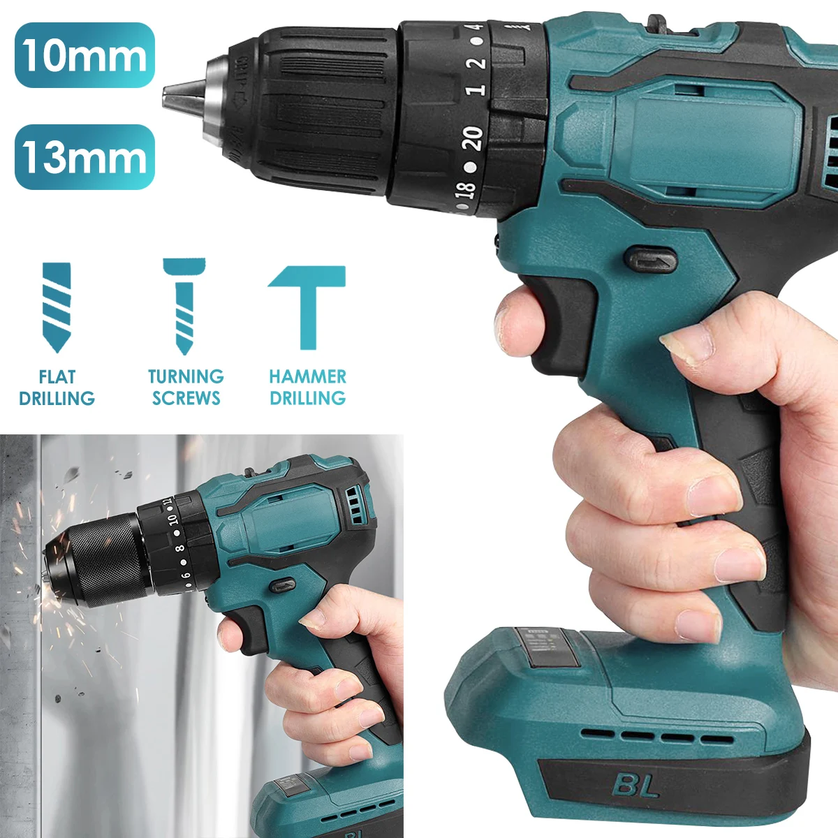 

New Brushless Electric Hammer Professional Hammer Drill 10mm/13mm Electric Screwdriver Power Tool 2-Speed Compact Hammer Drill