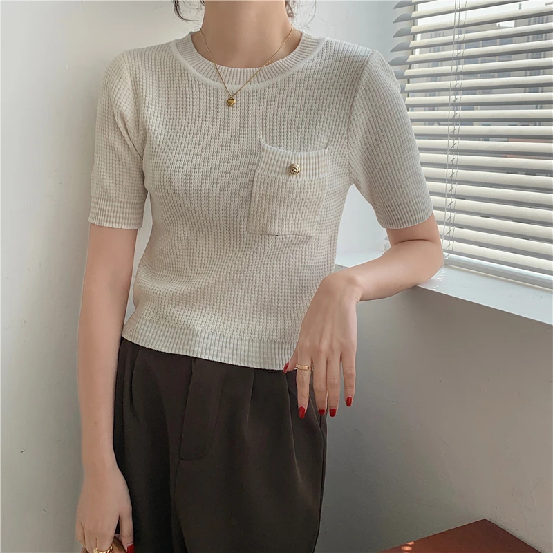 

Striped Knittd Tshirts Women Korean O-Neck Pocket Elasticity Short Sleeve Crop Tops Tees Causal Elegant Summer Shirt Sweet N367