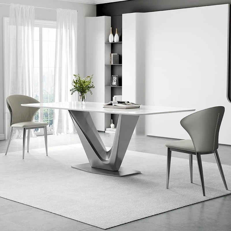 

Italian Designer Dining Steel Table Modern Home Decor V-shape Base Stainless Rectangle Stylish Silver Kitchen Table Chairs