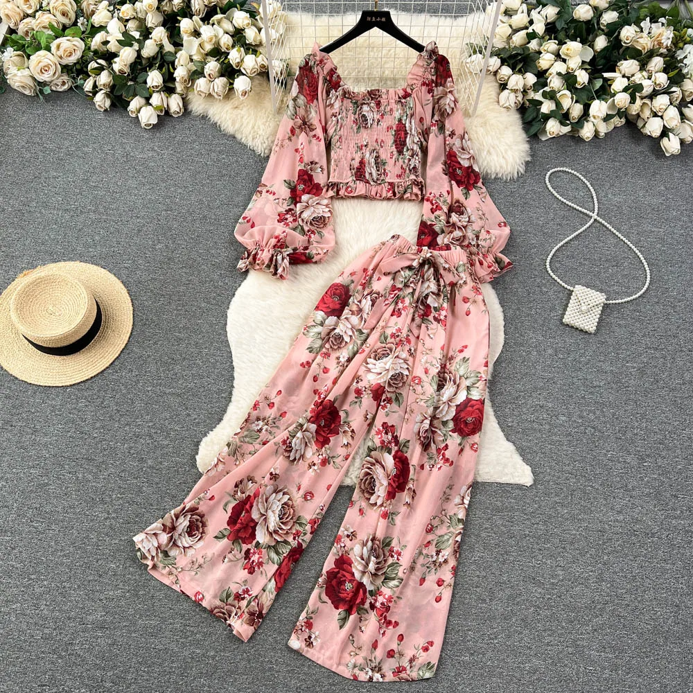 

Женский костюм из двух предметов, французский Топ с длинным рукавом и квадратным вырезом и повседневные шифоновые брюки с широкими штанинами и высокой эластичной талией, праздничный костюм с принтом, K664