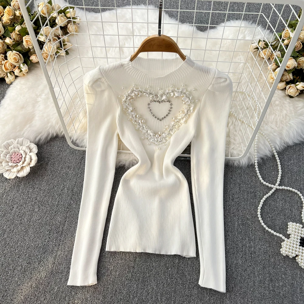 

Chic Hollow Beaded Knit Pullover Sexy Slim Sweater Long Sleeve Vintage Korean Fashion Crop Top Autumn Elegant Women Clothes Y2k