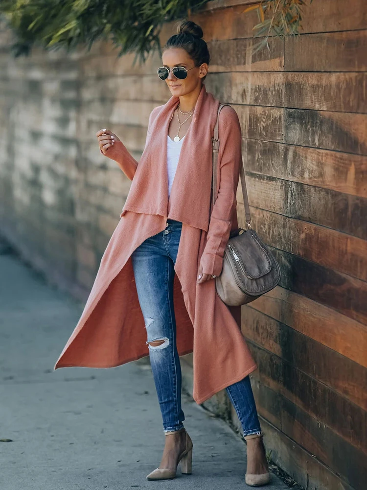 Женский длинный кардиган с отложным воротником в богемном стиле |