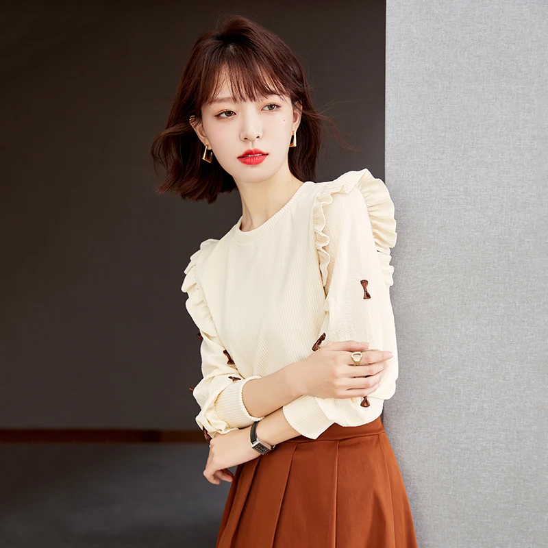 

Solid Women's Shirts Summer 2023 New Chiffon Casual Blouses Loose Ruffle Long Sleeves Tops O-necks Ladies Clothing YCMYUNYAN