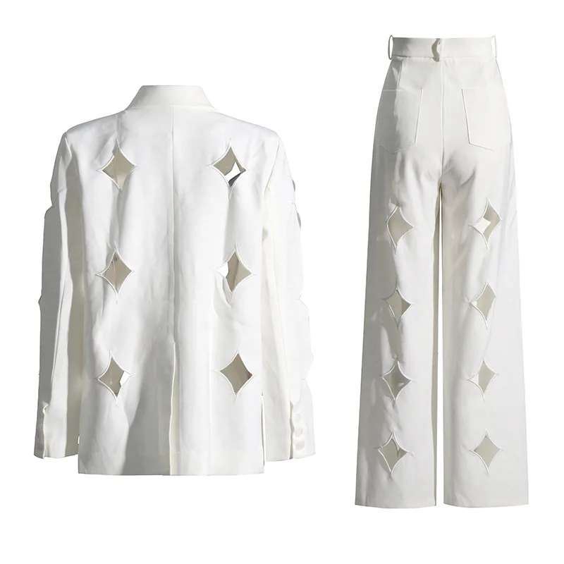 

White Casual Pant Suit for Women Elegant Long Sleeve Blazer and Long Pant Outfits Autumn Winter Fashion Hollow Out Two Piece Set