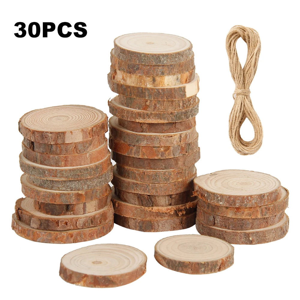 

30pcs 3-4cm Natural Pine Round Unfinished Wood Slices Circles With Tree Bark Log Discs DIY Crafts Wedding Party Painting Decor