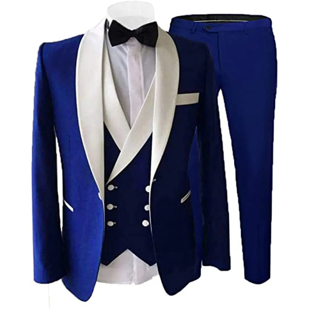 

Spring/Autumn Male Royal Blue Men Suits With White Lapel Jacket+Double Breasted Vest+Pants Slim Fit Formal Wedding Tuxedo 2022