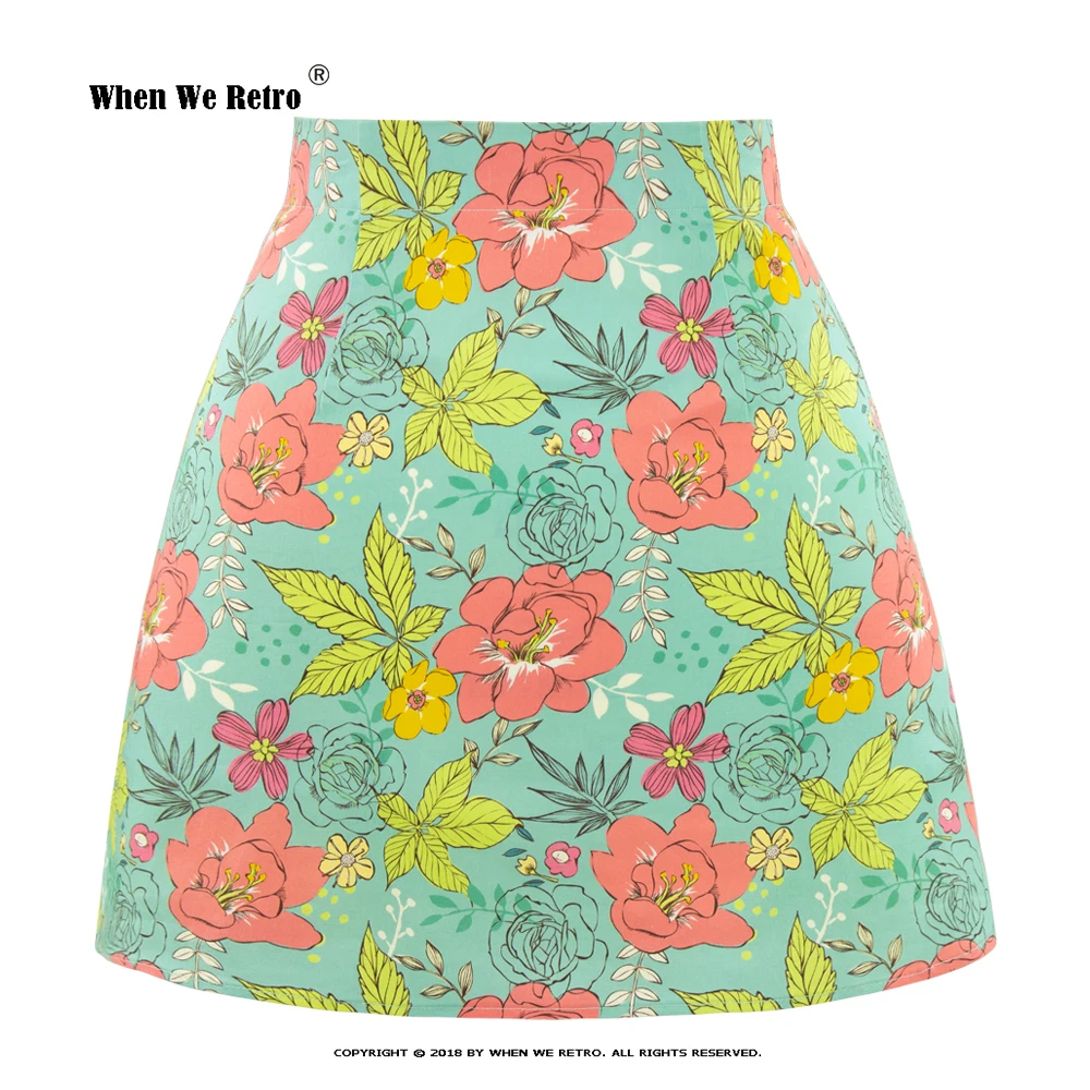 

2022 New Flowers Print Green Mini Skirt Sexy SS0008 High Waist A Line Vintage Cotton Short Summer Women Floral Skirts