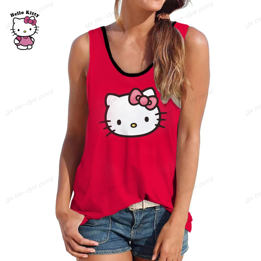

Женская футболка без рукавов, футболка с круглым вырезом, майки, летние футболки, жилет, приталенная Женская одежда с принтом HELLO KITTY, модные повседневные топы