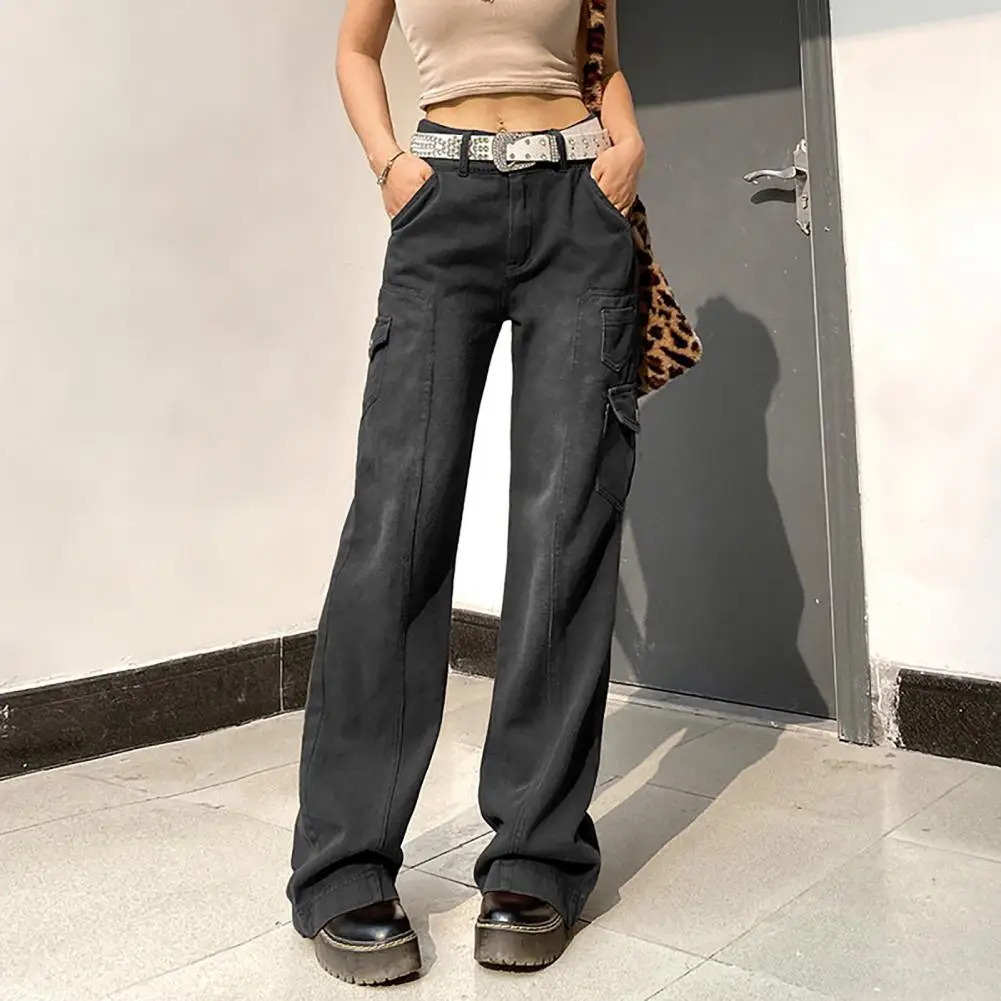 

Trendy Casual Jeans Button Fly Skin-touching Lady Straight Loose Denim Cargo Pants Denim Pants Women Overalls