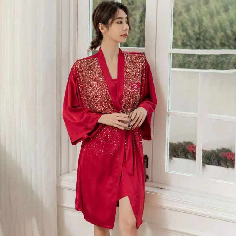 Burgundy Summer New Letter Kimono Robe Casual Satin Home Clothing Intimate Lingerie Bride Bridesmaid Bathrobe Gown Nightgown