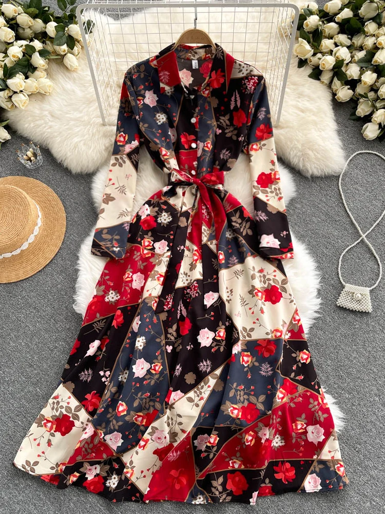 

Autumn Women Vintage Elegant Printed Maxi Dress Female High Waist A-line Evening Party Robe New Fashion Clothes
